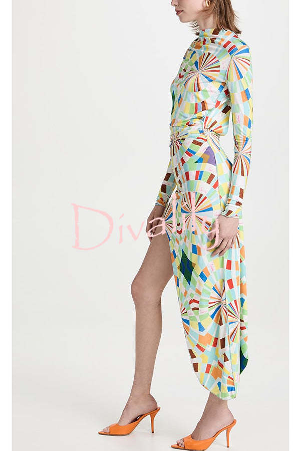 Colorful Season Printed Mock Neck Open Back Asymmetric Hem Stretch Midi Dress