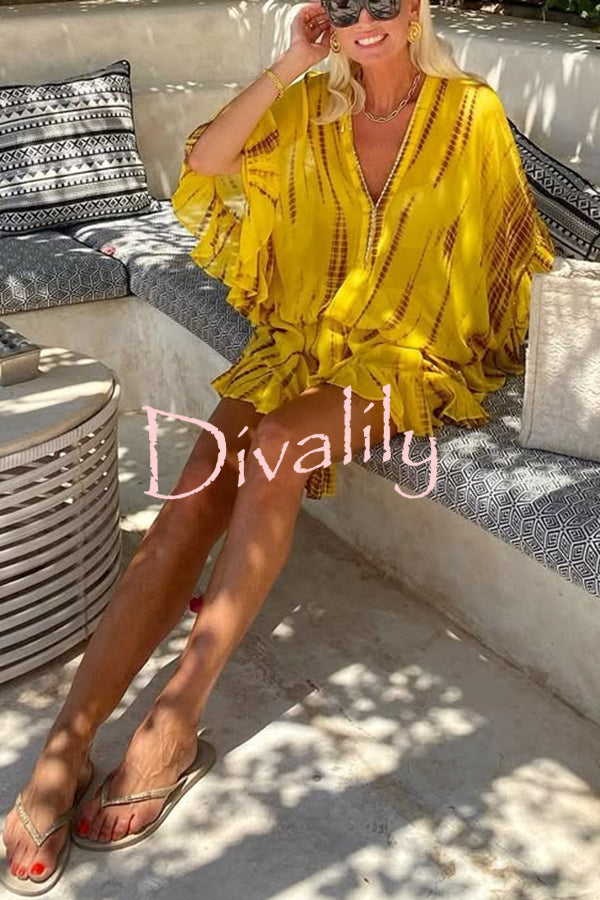 Lemon Flavor Tie Dye Ruffle Batwing Sleeve Elastic Waist Kaftan Mini Dress