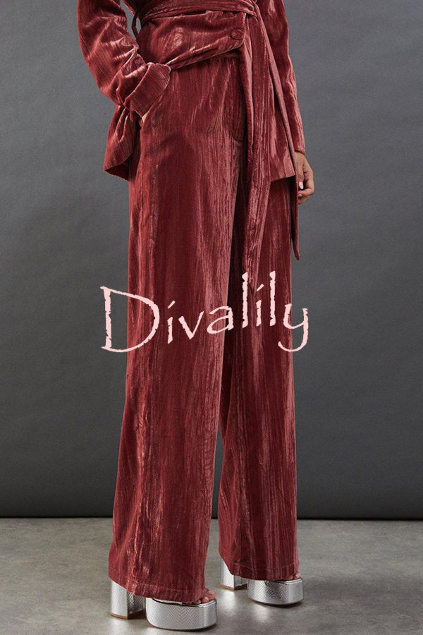 Solid Color Velvet Long-sleeved Waist Tie Top and Elastic Waist Casual Pocket Straight-leg Pants Set