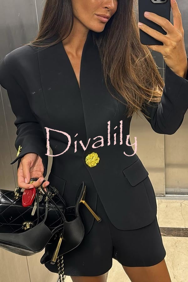 Classic Luxury Unique Metal Button Stand Collar Long Sleeve Blazer