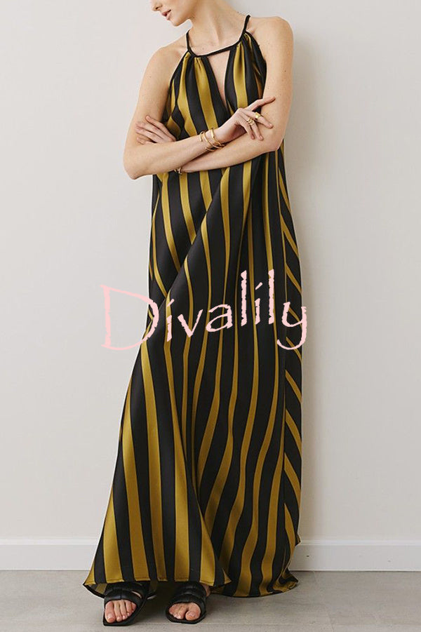 Striped Print V-Neck Loose Beach Vacation Maxi Dress