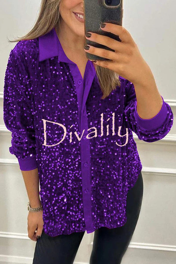 Fashion Velvet Sequined Loose Casual Long-sleeved Shirt