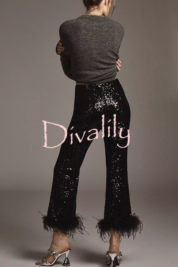 New Year Eve Sequin Feather Trim High Rise Back Zipper Flare Pants