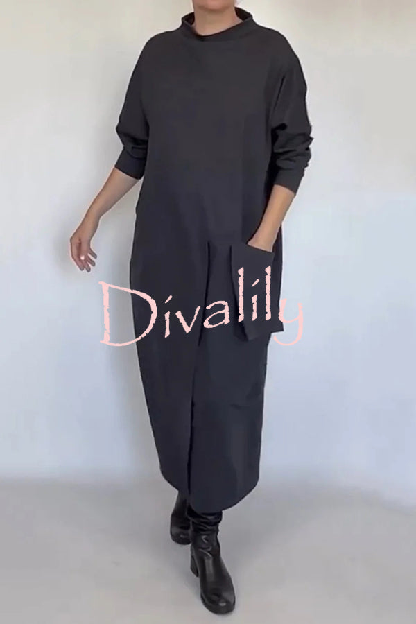 Solid Color Loose Long Sleeve Large Pocket Casual Maxi Dress