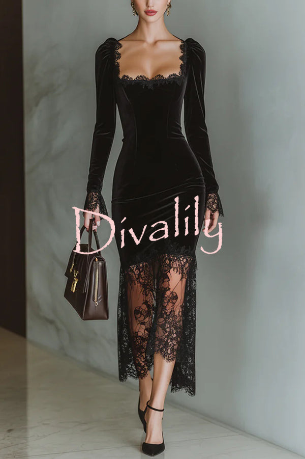 Fashionable Velvet and Lace Patchwork Square Neck Long-sleeved Maxi Dress