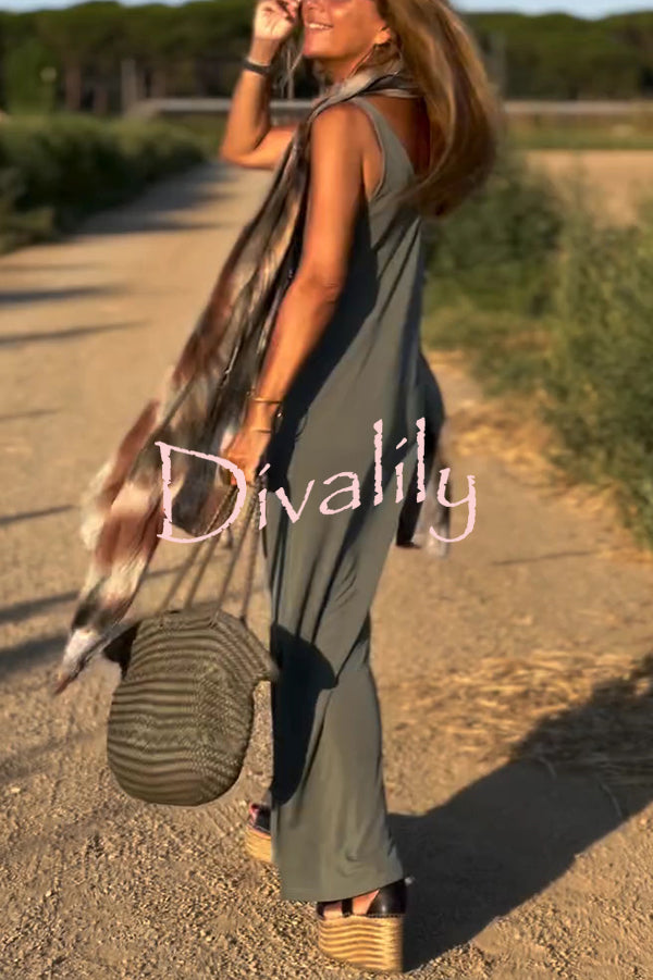 Solid Color V-neck Sleeveless Casual Loose Maxi Dress