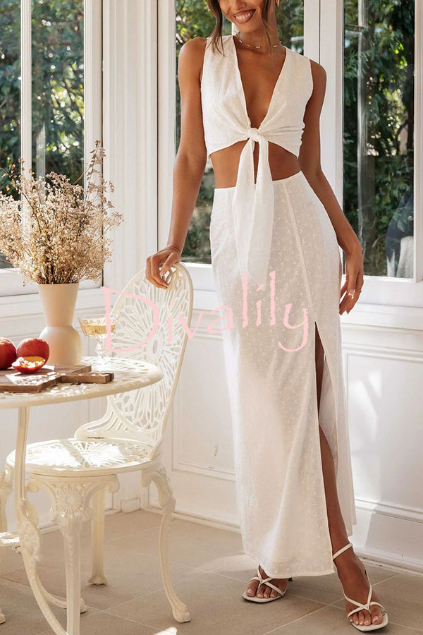 Solid Color Hollow Embroidery V-neck Lace-up Top and Slit Maxi Skirt Set