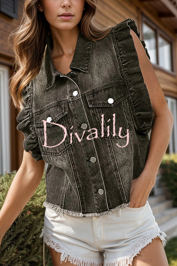 Stylish Lapel Single-breasted Ruffle Sleeve Loose Denim Jacket