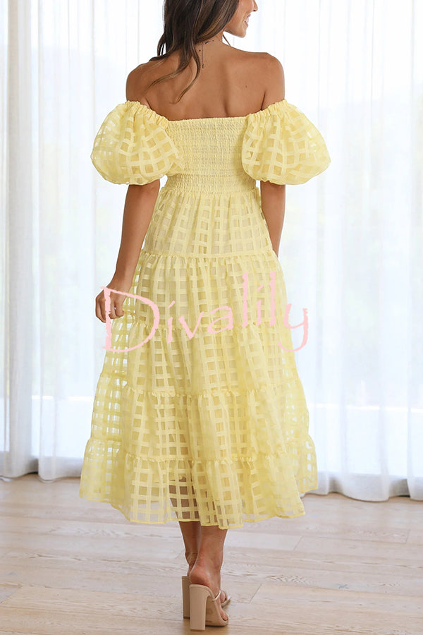 Solid Color Off-shoulder Lantern Sleeve Patchwork Midi Dress