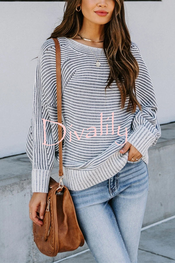 Knitted Striped Round Neck Dolman Sleeve Casual Loose Sweater