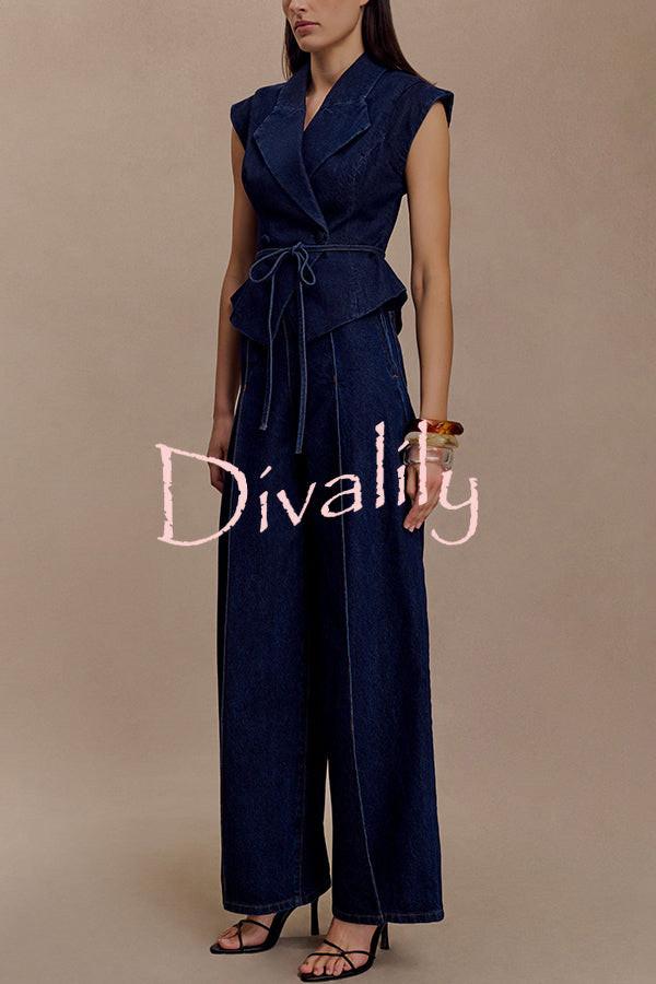 Charley Denim Button Up Cap Short Sleeve Structured Tie-up Lapel Top