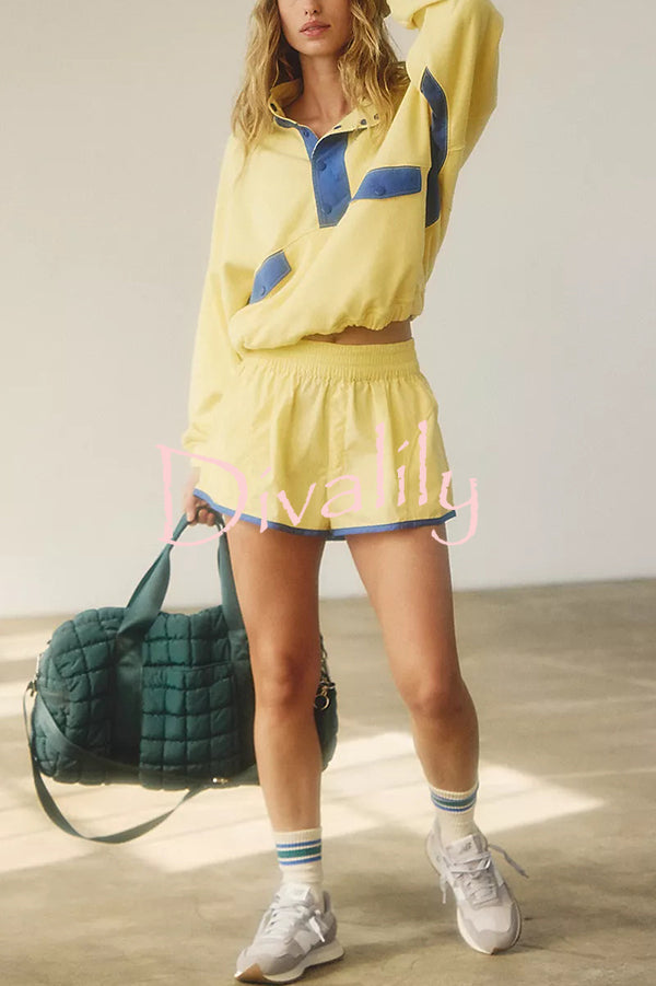 Fashion Contrast Color Stitching Stand Collar Long Sleeve Top and Elastic Waist Loose Pocket Shorts Set