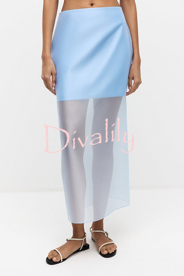 Simple and Light See-through Fabric Mid Rise Pencil Slit Midi Skirt