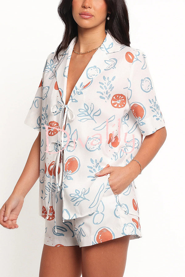 Graffiti Fruit Print Lapel Tie Short Sleeve Top and Elastic Waist Loose Pocket Shorts Set