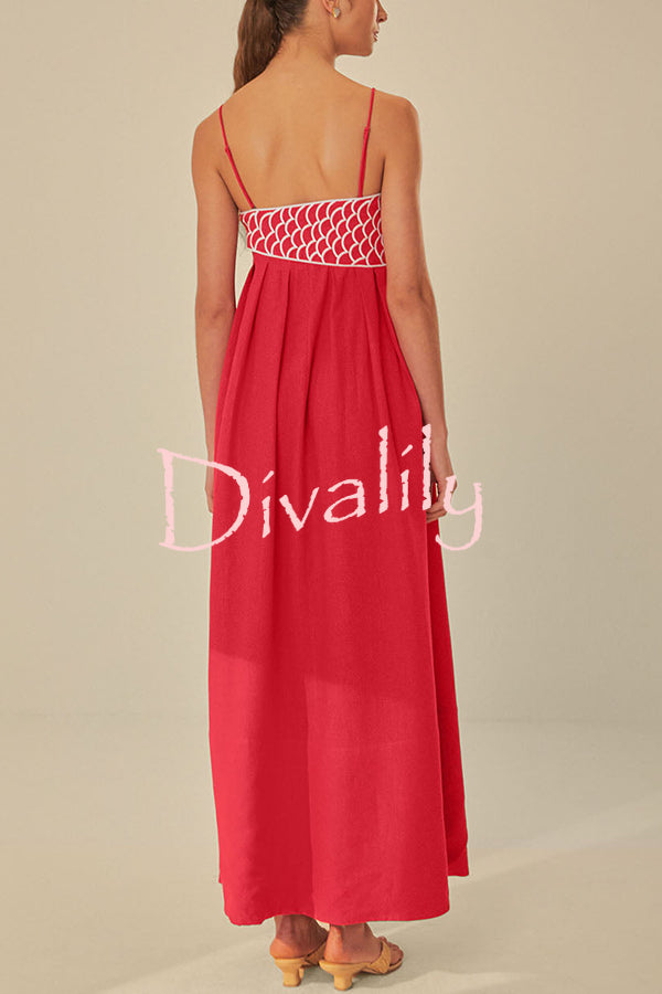 Red Fish Embroidered Sling Backless Maxi Dress