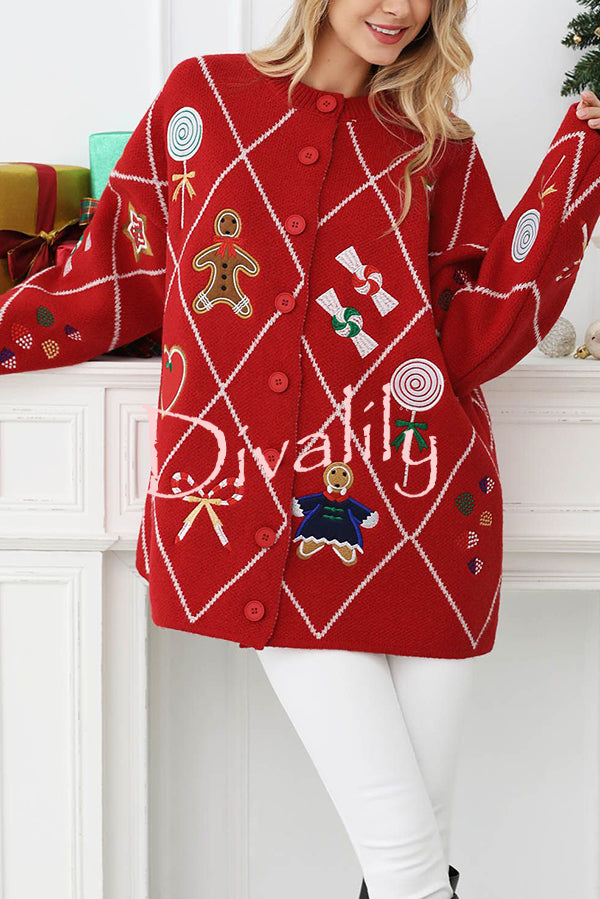 Argyle Candy Gingerbread Man Embroidered Button-knit Cardigan