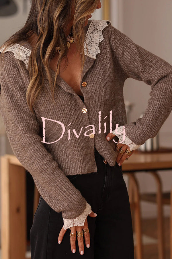 Fashionable Lace-trimmed Sailor Collar Casual Knit Cardigan