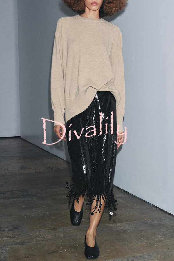 City Queen Sequin Tassel Round Pieces High Rise Back Zipper Midi Skirt