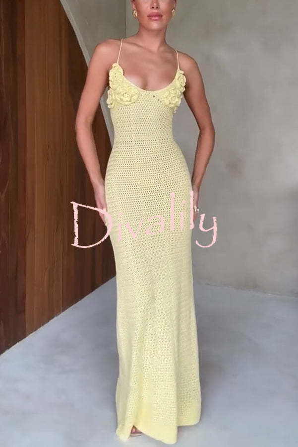 Olivia Crochet Knit Rose Texture Backless Stretch Maxi Dress