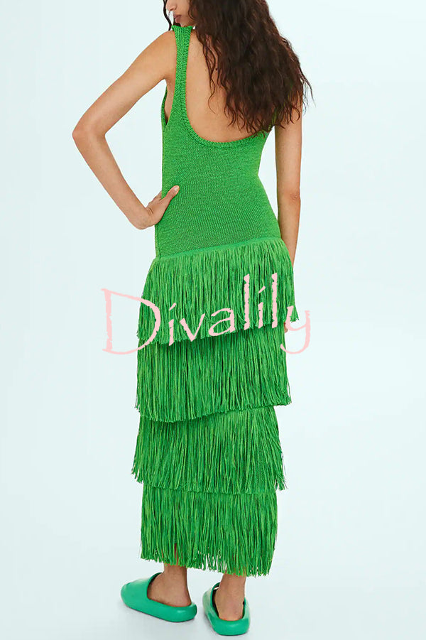 Solid Color Sleeveless Slim Fit Fringed Hem Knitted Midi Dress