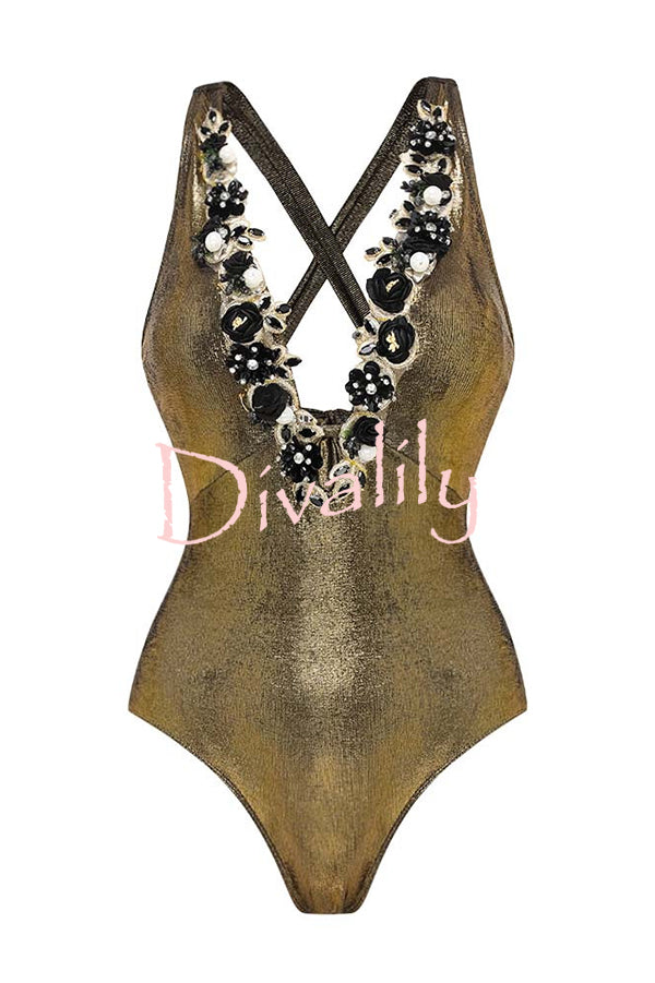 Solid Color Shiny Fabric Deep V Metal Embellished Stretch One-piece Swimsuit