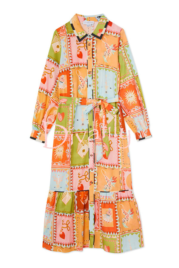 Linen Blend Unique Printed Long Sleeve Lapel Tie-waist Midi Dress