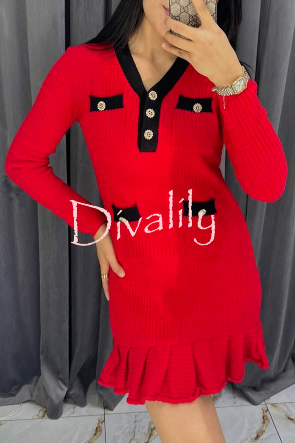 Stylish Waffle Contrast V-neck Ruffled Knitted Mini Dress