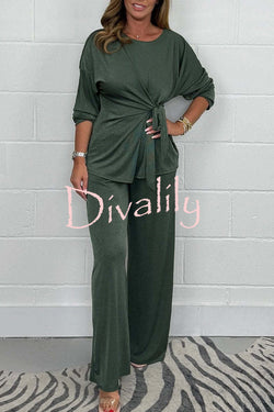 Solid Color Casual Tie Long Sleeve Top and Elastic Waist Loose Pants Set