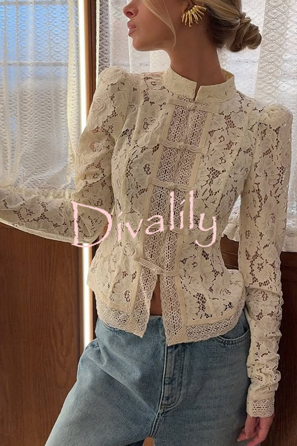 Fashion Hollow Lace Stand Collar Long Sleeve Slim Shirt