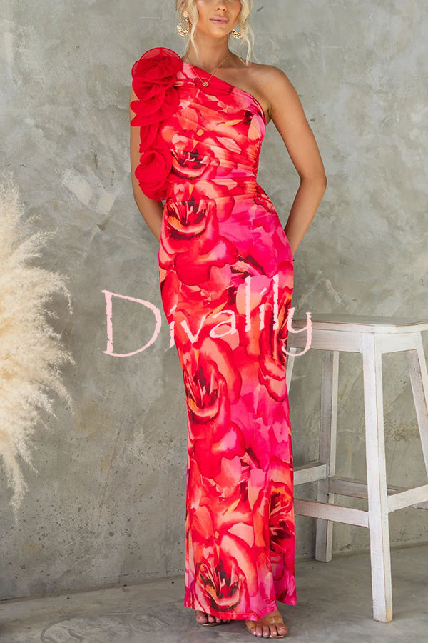 Floral Print Sleeveless 3D Flower One Shoulder Slim Maxi Dress