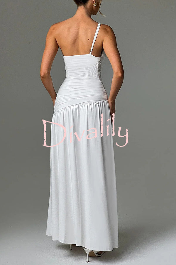 Sexy One-shoulder Strap Gathered Slim Fit Slit Maxi Dress