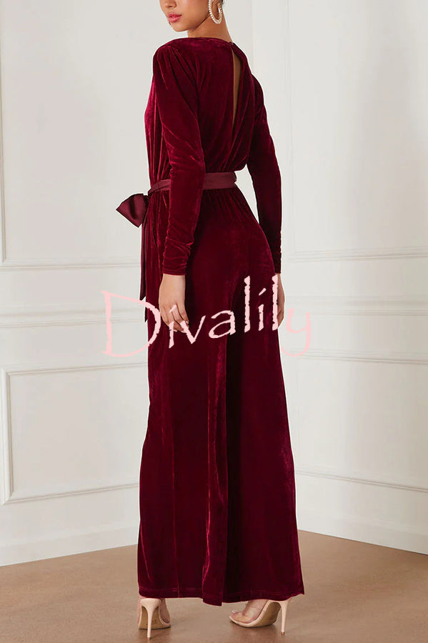 Love One Another Velvet Bow Belted Pocket Cutout Back Loose Jumpsuit