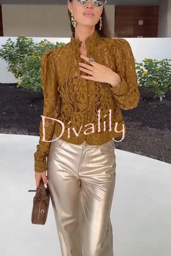 Palace Style Crochet Flower Lace Stand Neck Button Puff Sleeve Jacket