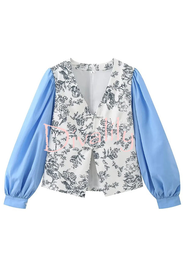 Botanical Print V-neck Patchwork Long-sleeved Top