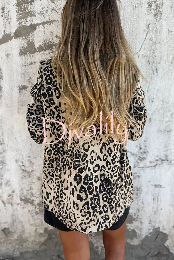 Leopard Print Lapel Long Sleeve Casual Blazer