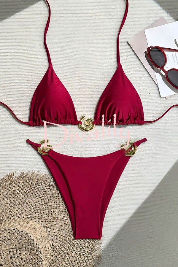 Sexy Halterneck Lace-up Metallic Stretch Two-piece Bikini Swimsuit