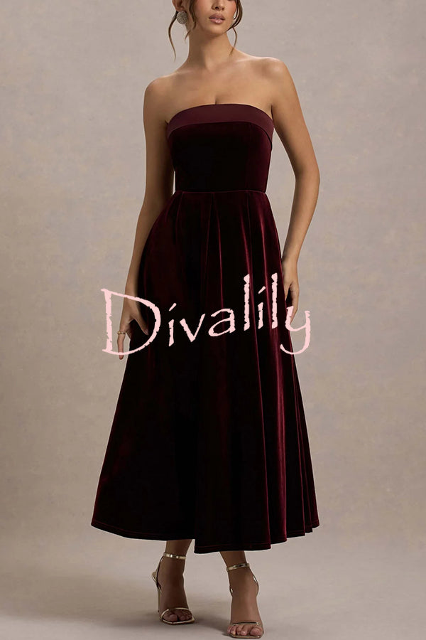 Center of Attention Velvet Satin Neck Bandeau Pleated Midi Dress