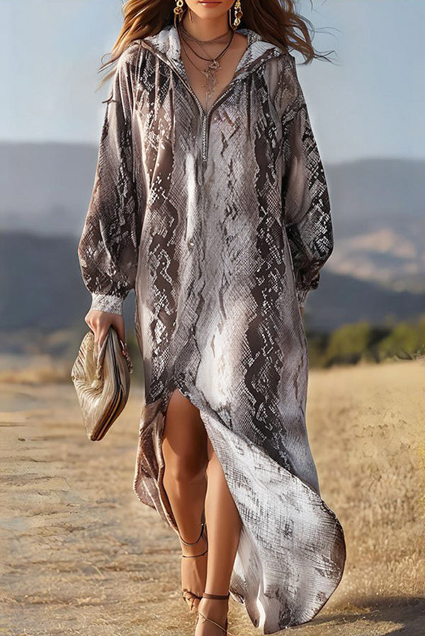 Python Print Loose Hooded Long-sleeved Slit Maxi Dress
