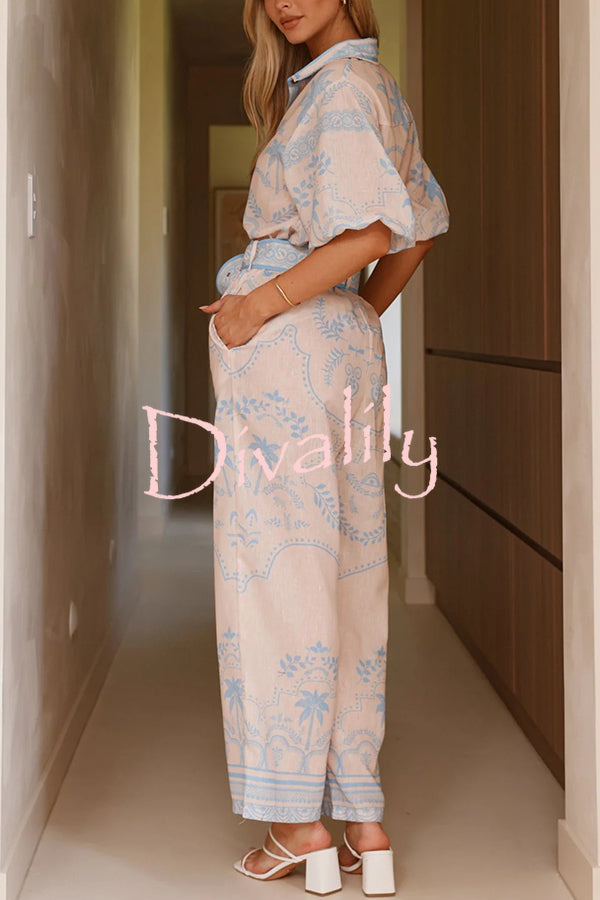 Linen Blend Lapel Puff Sleeve Loose Shirt and Casual Pocket Straight Pants Set