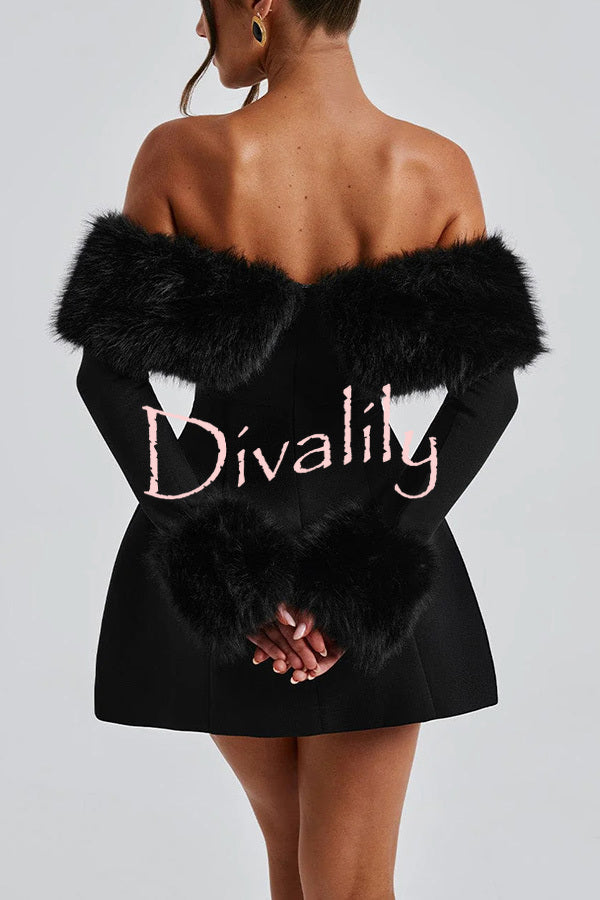 Cute and Luxe Faux Fur Trim Off Shoulder Bubble Shaped Mini Dress