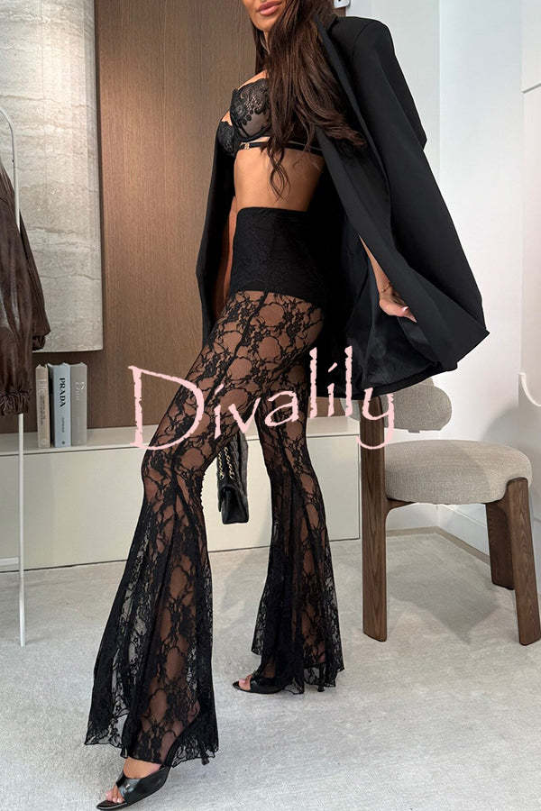 Chic Moment Floral Lace High Rise Elastic Waist Fishtail Hem Stretch Pants