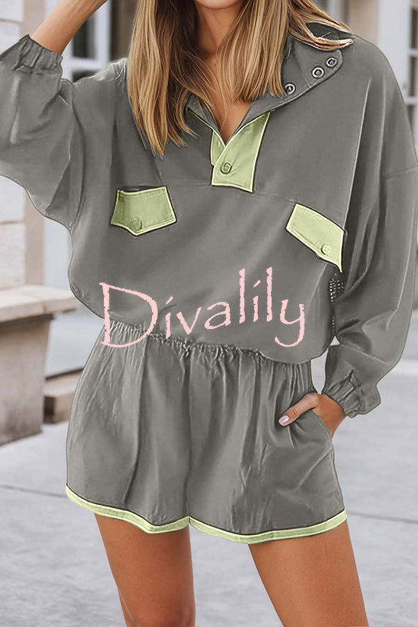 Fashion Contrast Color Stitching Stand Collar Long Sleeve Top and Elastic Waist Loose Pocket Shorts Set