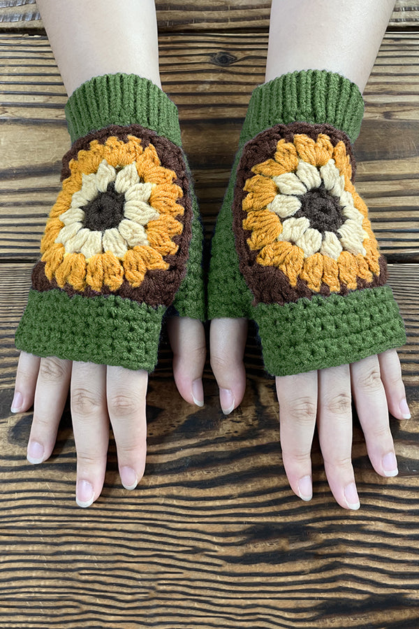 Knitted Sunflower Warm Half Finger Wool Gloves