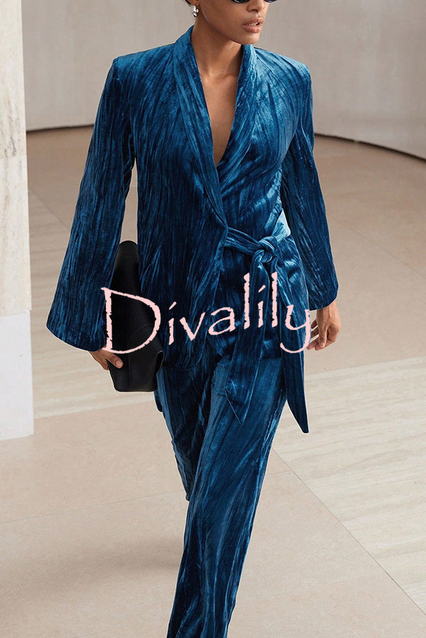 Solid Color Velvet Pleated Long-sleeved Tie Top and Casual Pocket Straight-leg Pants Set