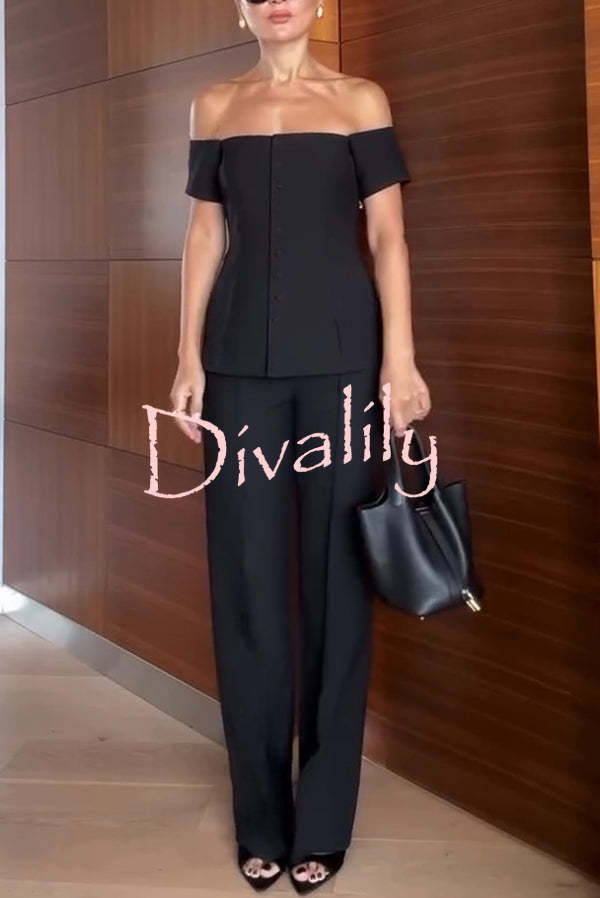 Solid Color Off-the-shoulder Single-breasted Top and Casual Pocket Straight-leg Pants Set
