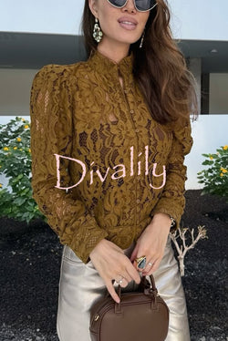 Palace Style Crochet Flower Lace Stand Neck Button Puff Sleeve Jacket
