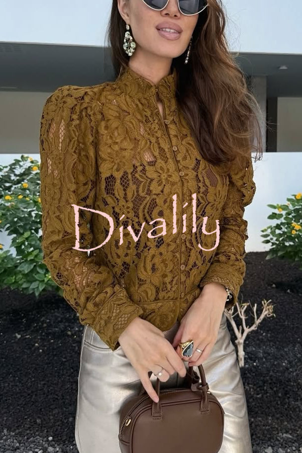 Palace Style Crochet Flower Lace Stand Neck Button Puff Sleeve Jacket