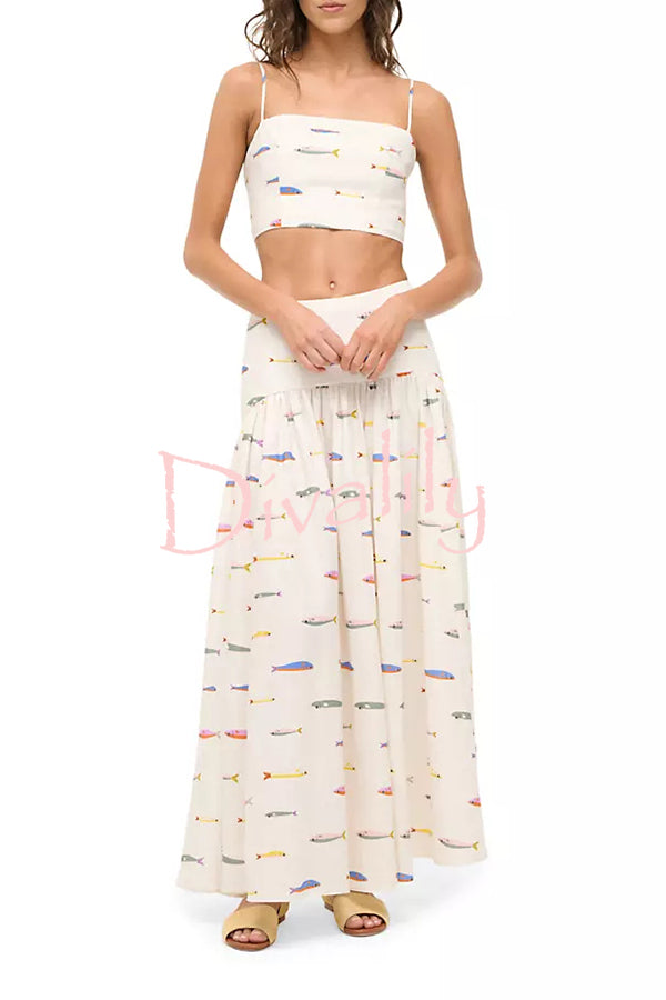 Island Resort Linen Blend Back Smocked Crop Tank and High Rise A-line Maxi Skirt Set