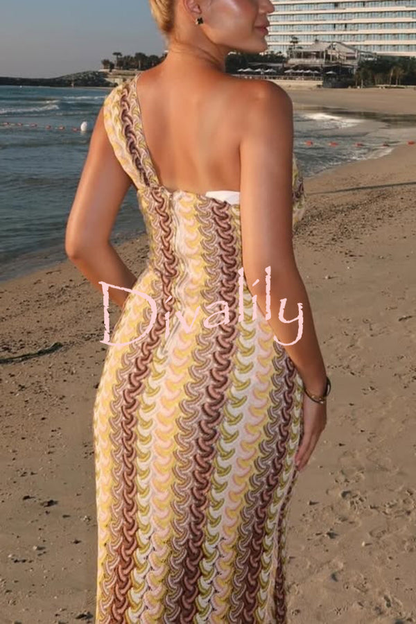 Colorful Zigzag Pattern Lace One-shoulder Slim Vacation Midi Dress