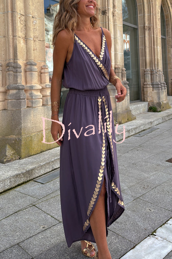 Tamia Gold Trim Elastic Waist Slit Wide Leg Slip Jumpsuit